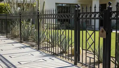 Black ornamental metal fence with decorative design by Chop Chop Landscaping in Palm Springs, CA