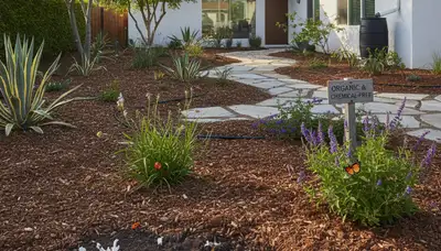 Organic landscape beds with native plants and rich mulch in Palm Springs, CA by Chop Chop Landscaping