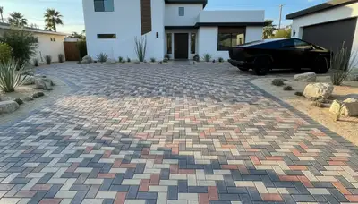 Interlocking paver driveway installation with clean pattern and durable finish in Palm Springs, CA