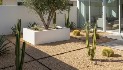 Modern pea gravel landscape with geometric lines and desert plants in Palm Springs, CA
