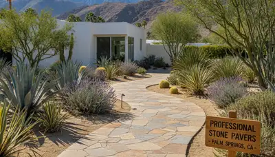 Curved stone paver pathway installation by landscaping experts in Palm Springs, CA