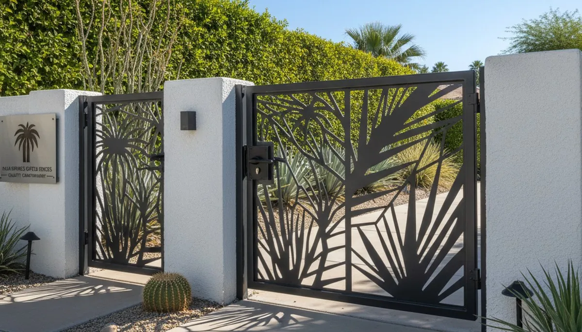 Custom gate and fence installation in Palm Springs, CA with matching hardware by Chop Chop Landscaping