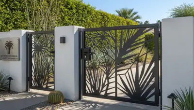 Custom gate and fence installation in Palm Springs, CA with matching hardware by Chop Chop Landscaping