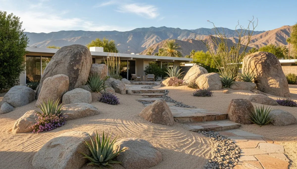 Decorative boulder and desert stone rock garden landscape design in Palm Springs, CA by Chop Chop Landscaping