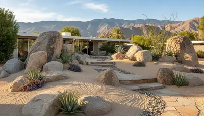 Decorative boulder and desert stone rock garden landscape design in Palm Springs, CA by Chop Chop Landscaping
