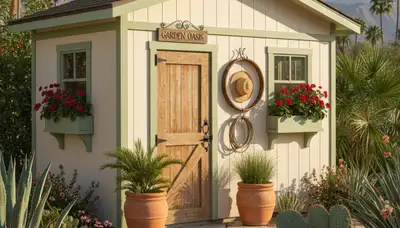 Decorative garden shed with desert landscaping in Palm Springs, CA by Chop Chop Landscaping