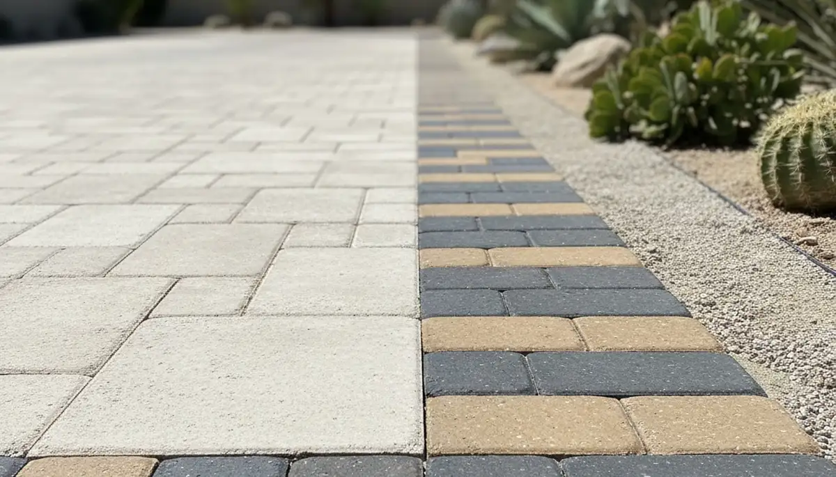Decorative paver border and edging with soldier course design by Palm Springs, CA driveway landscapers