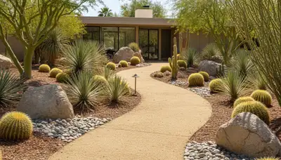 Decomposed granite desert pathway with native plants by Chop Chop Landscaping in Palm Springs, CA
