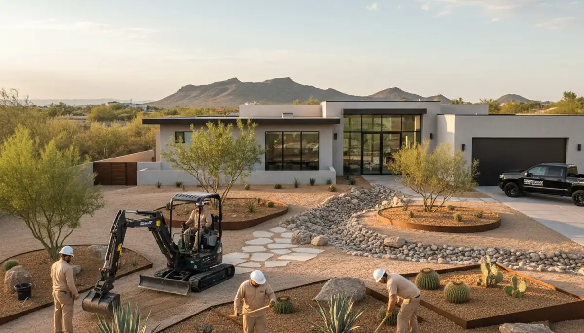 Palm Springs, CA desertscape design with heat-tolerant plants and gravel landscaping