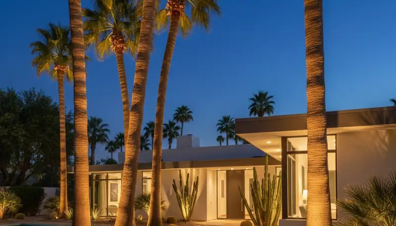Dramatic tree uplighting installation by Chop Chop Landscaping in Palm Springs, CA nighttime landscape design