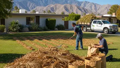Technicians raking leaves during fall yard cleanup in Palm Springs, CA by Chop Chop Landscaping