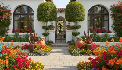 Front yard curb appeal landscaping with colorful plants and shaped shrubs in Palm Springs, CA
