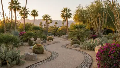 Pea gravel garden pathway in Palm Springs, CA landscape design by Chop Chop Landscaping
