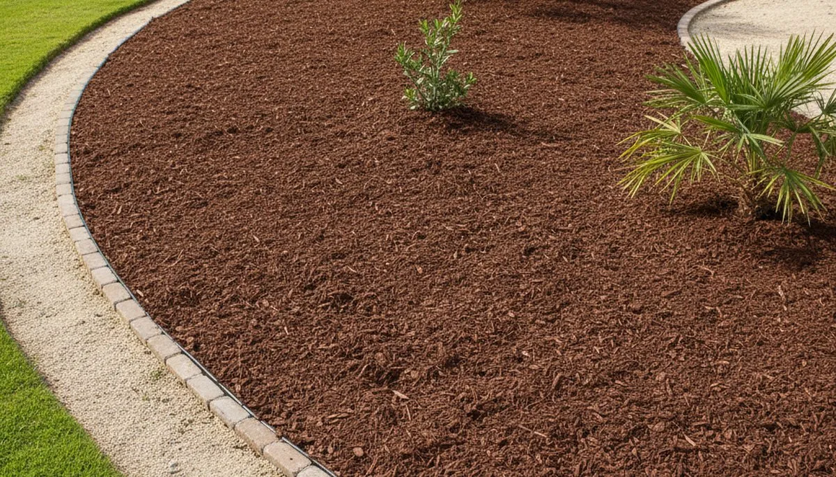 Fresh mulch and clean bed edging in a manicured Palm Springs, CA landscape by Chop Chop Landscaping