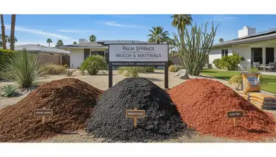 Brown, black, and red mulch variety display for Palm Springs, CA landscaping by Chop Chop Landscaping