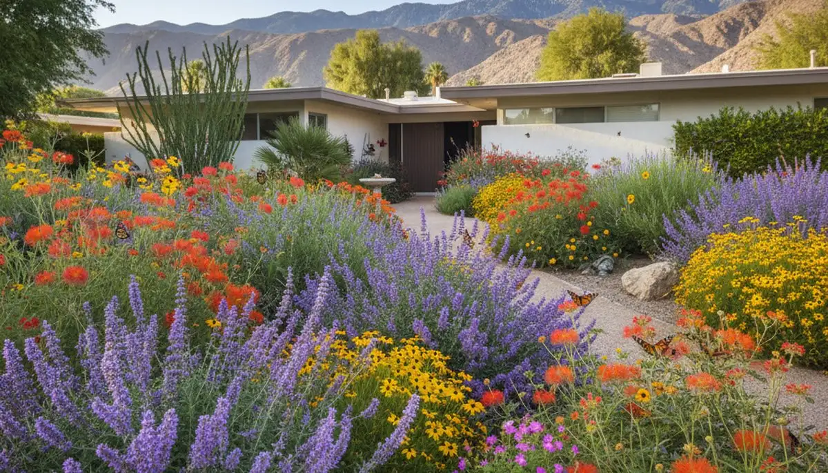 Native pollinator garden with bee-friendly plants and native flowers by organic landscapers in Palm Springs, CA
