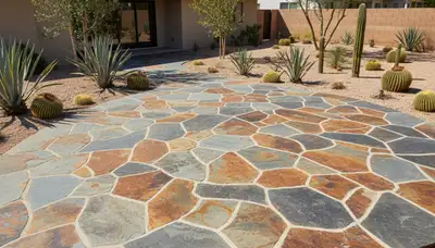 Flagstone patio with natural stone pavers expertly installed in Palm Springs, CA by Chop Chop Landscaping