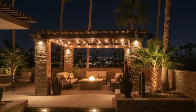 Outdoor living space with professional landscape lighting installation in Palm Springs, CA