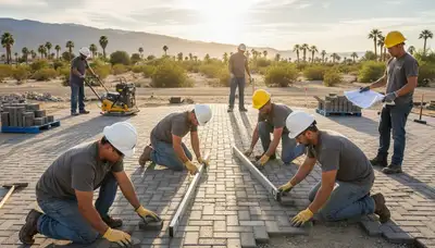 Landscapers installing driveway pavers in Palm Springs, CA with professional base prep and leveling work
