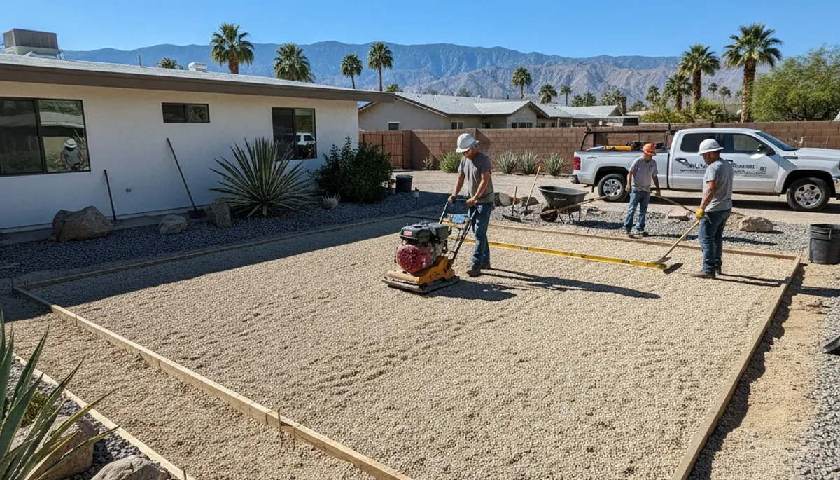Professional shed base preparation and foundation installation in Palm Springs, CA landscaping project