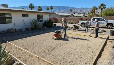 Professional shed base preparation and foundation installation in Palm Springs, CA landscaping project