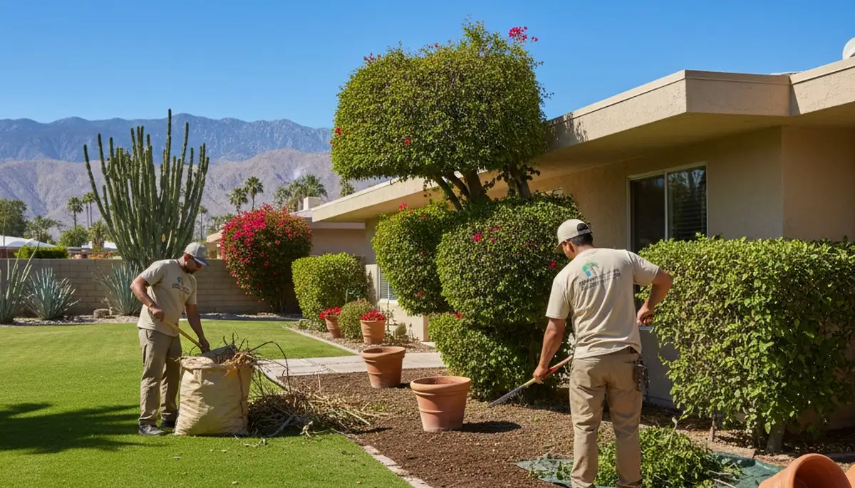 Spring yard cleanup crew pruning and clearing garden beds in Palm Springs, CA landscape maintenance scene