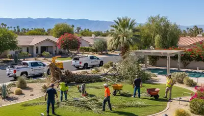 Storm damage yard cleanup by landscapers removing debris in Palm Springs, CA